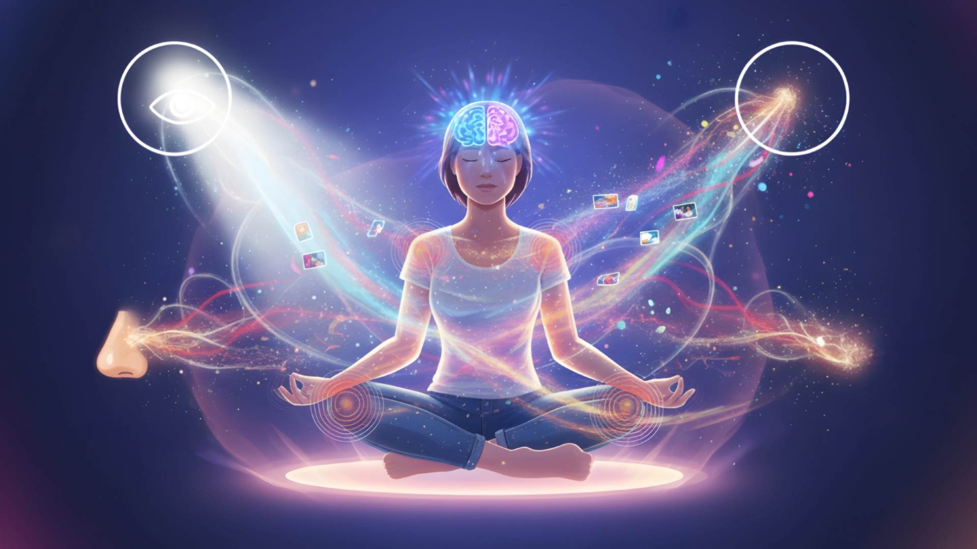 Eine Person in Meditationshaltung, umgeben von abstrahierten Sinneswahrnehmungen, die ihr Gehirn erreichen. Das Bild symbolisiert Hochsensibilität und das Fehlen eines Filters für Reize.